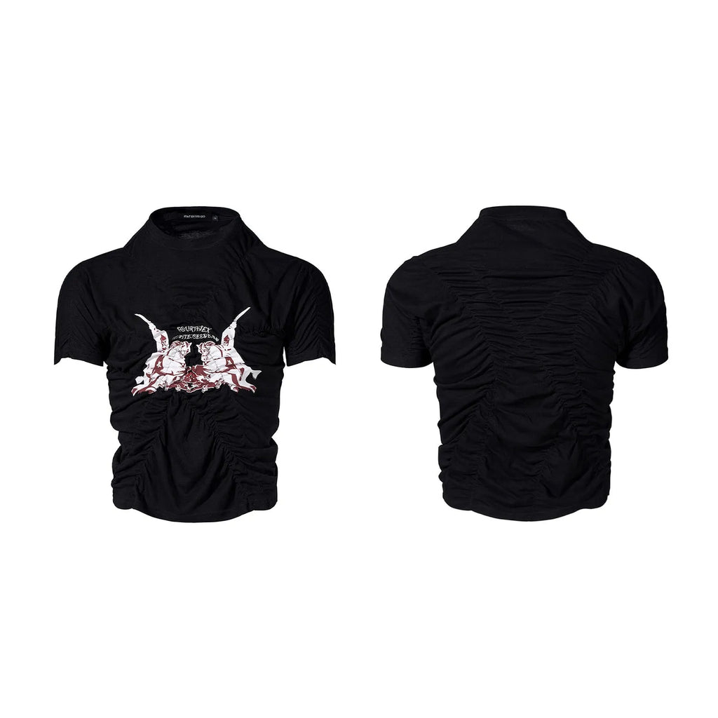 Black men's slim fit short sleeve t-shirt with printed design and round neck.