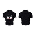 Black men's slim fit short sleeve t-shirt with printed design and round neck.