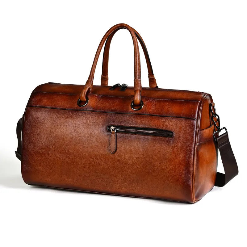 Handmade brown retro leather tote bag with top layer cowhide and large capacity.