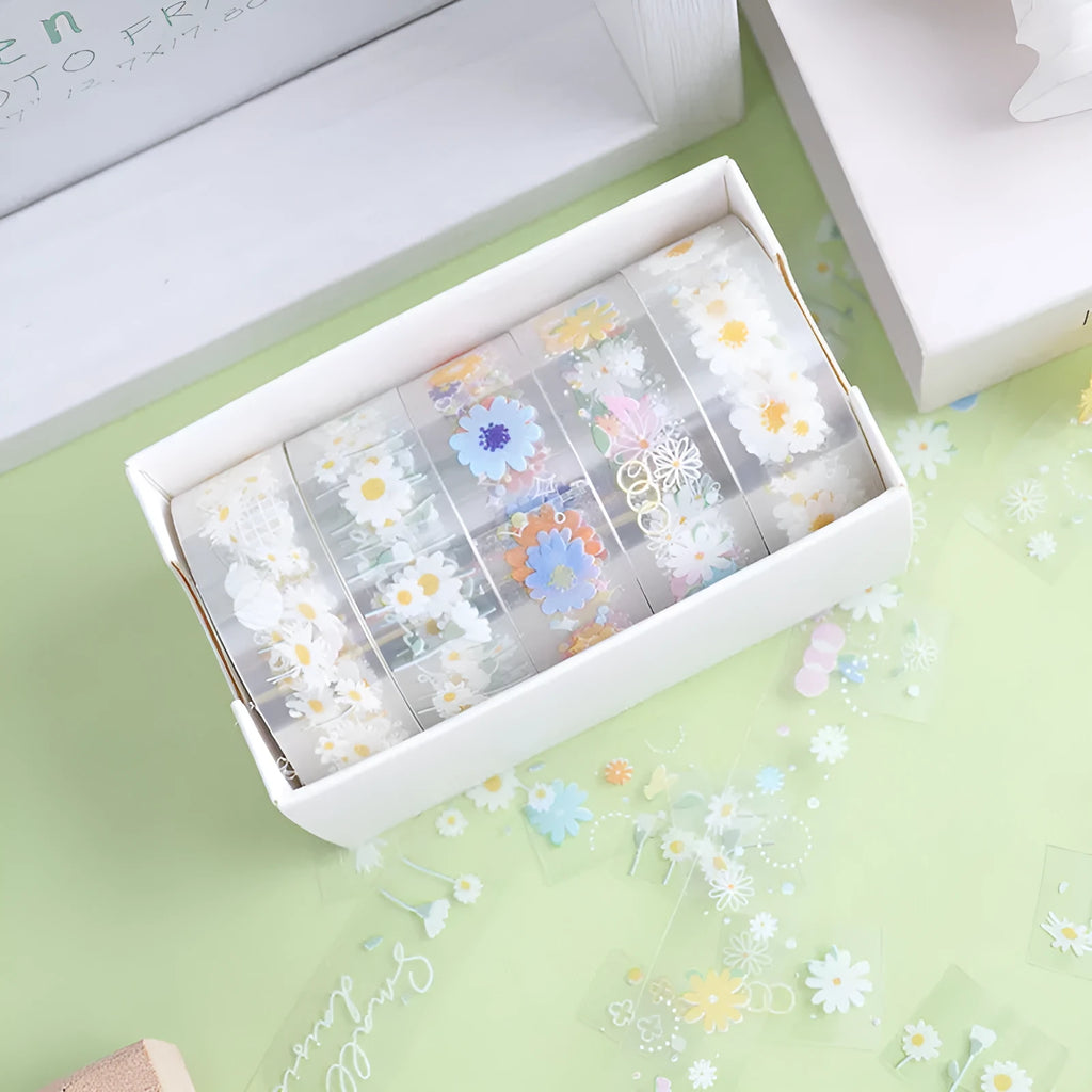 Five rolls of transparent adhesive tape with midsummer daisy cartoon decoration for diary projects