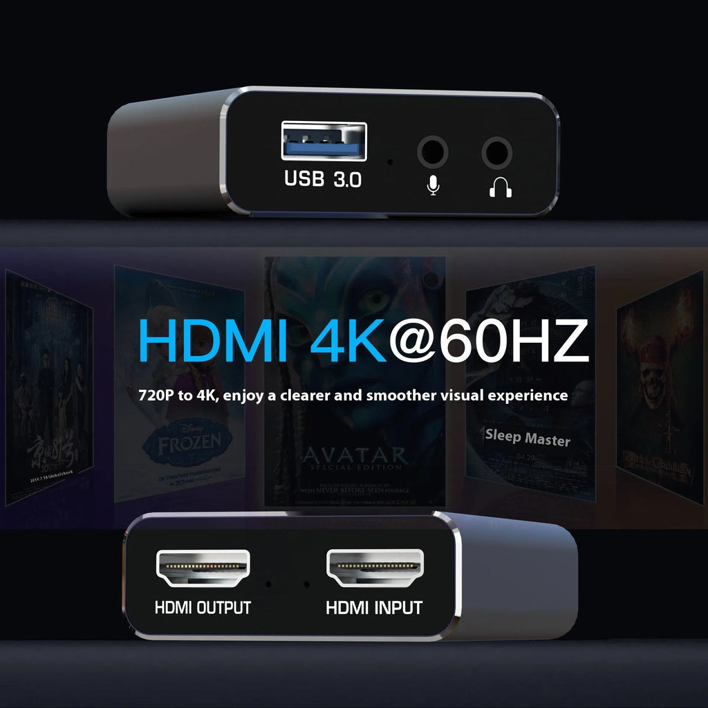 Black 4K gaming set-top box with audio recording function and MS2131 chip.