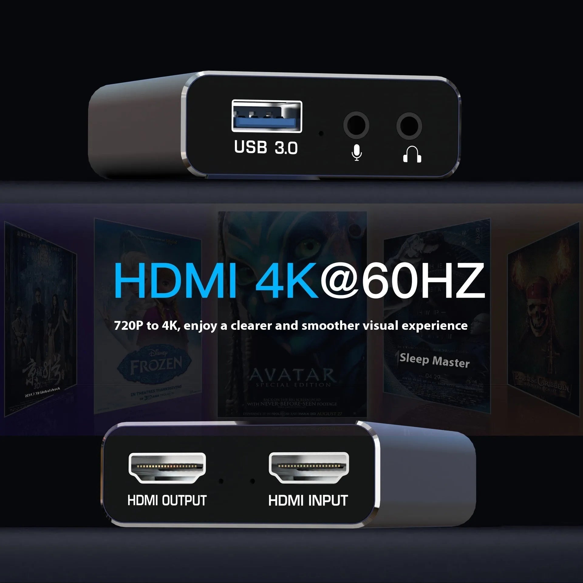 Black 4K gaming set-top box with audio recording function and MS2131 chip.