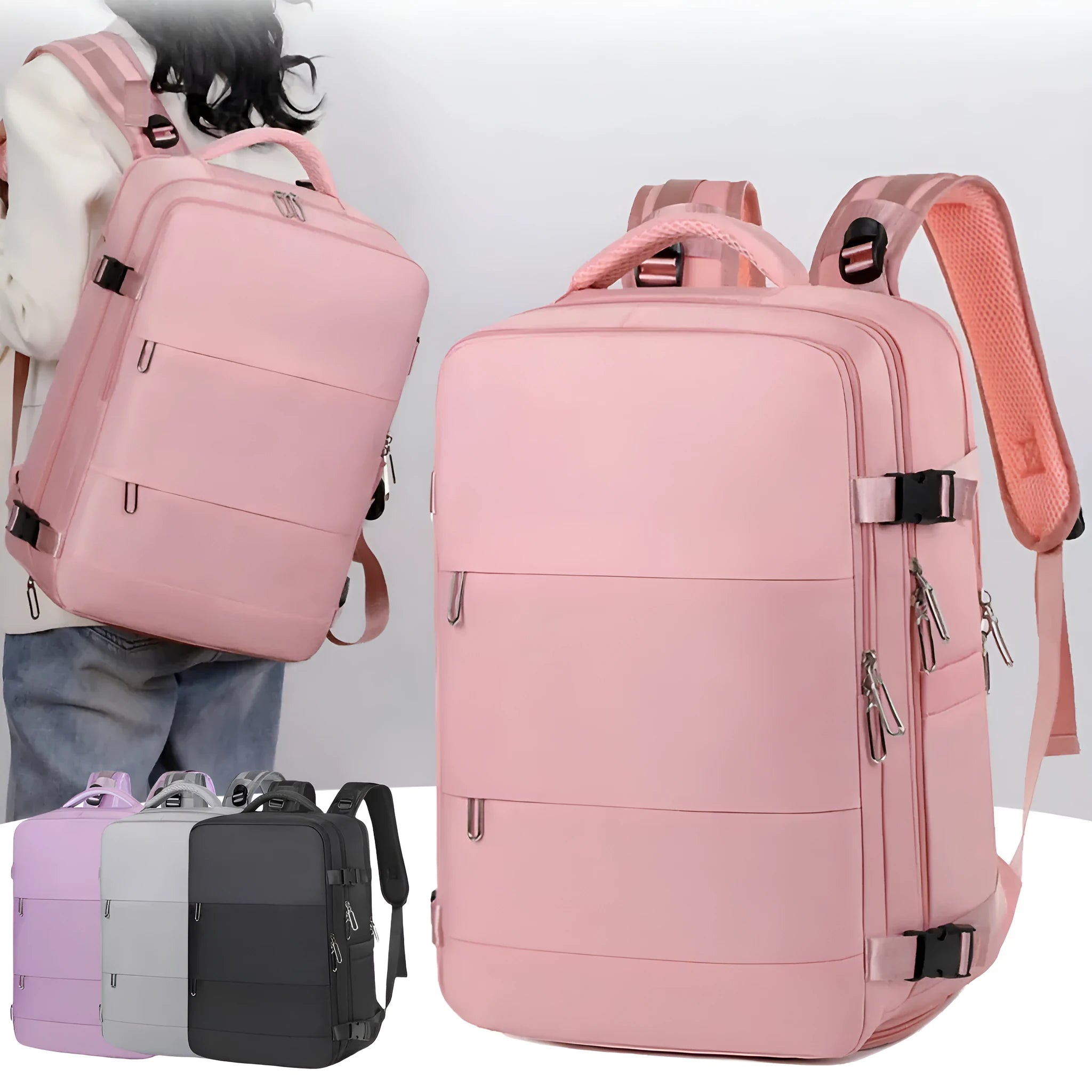 Large purple travel backpack for women with laptop compartment and organisational pockets.