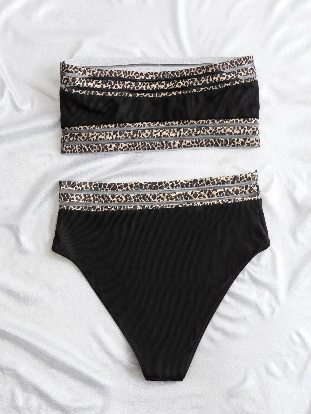 Black strapless bikini set with leopard print splicing and matching briefs