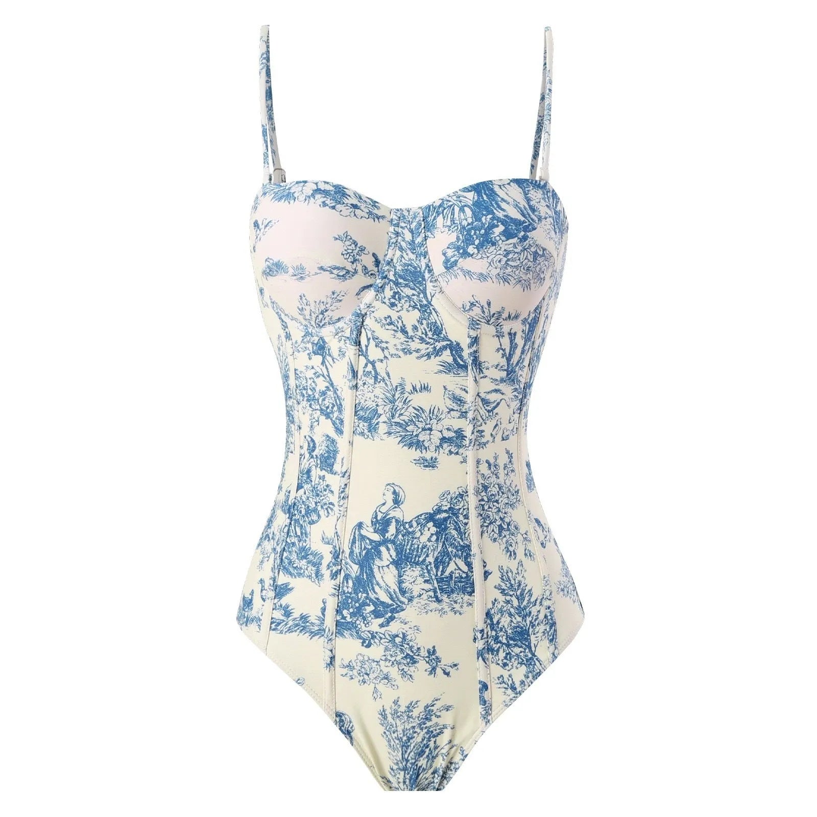 Women's blue patterned one-piece swimsuit with matching gauze skirt, polyester fabric, multiple size options