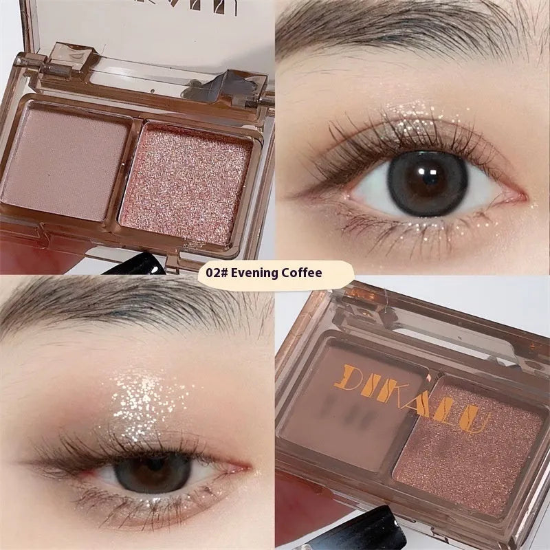 DIKALU two-tone eyeshadow palette showing pink and black matte shimmer shades