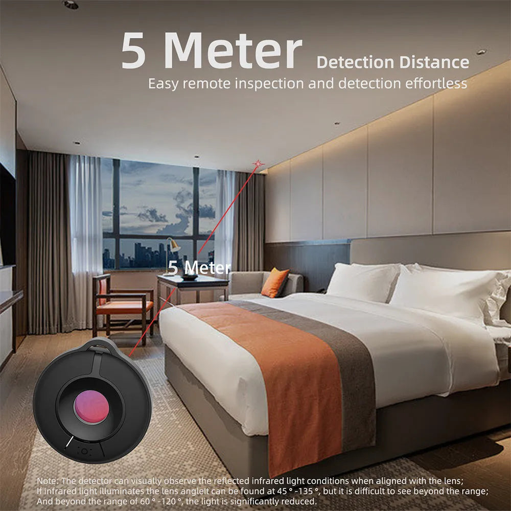 Compact infrared camera detector device for finding hidden surveillance cameras with 5 metre range
