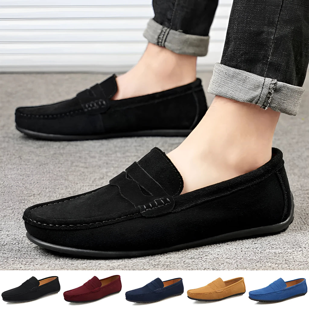 Men's brown suede loafers with round toe and flat rubber sole