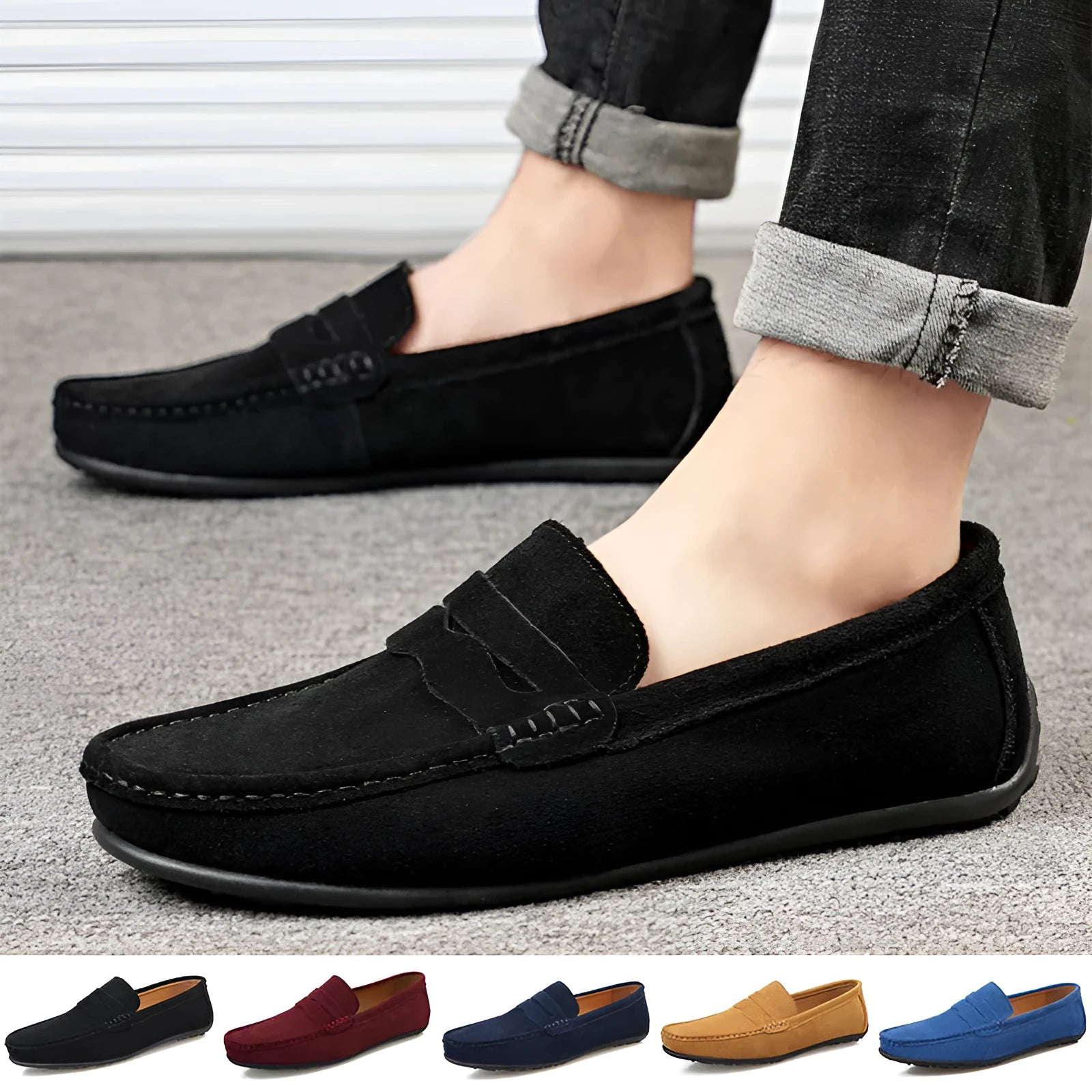 Men's brown suede loafers with round toe and flat rubber sole