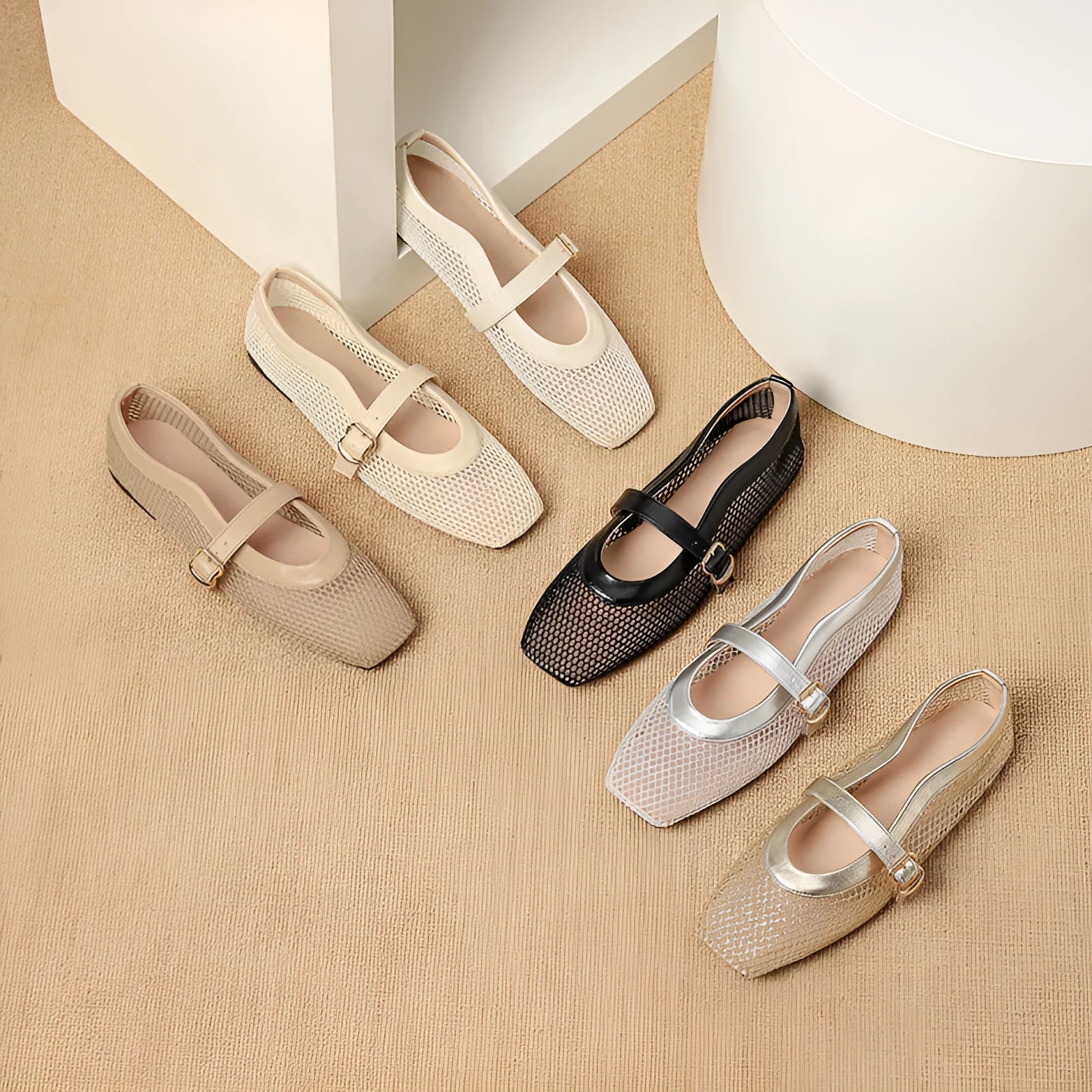 Women's breathable mesh summer shoe in a solid colour with square toe and adjustable buckle.