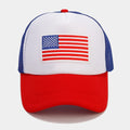 Red and blue contrast baseball cap with dome crown and adjustable strap