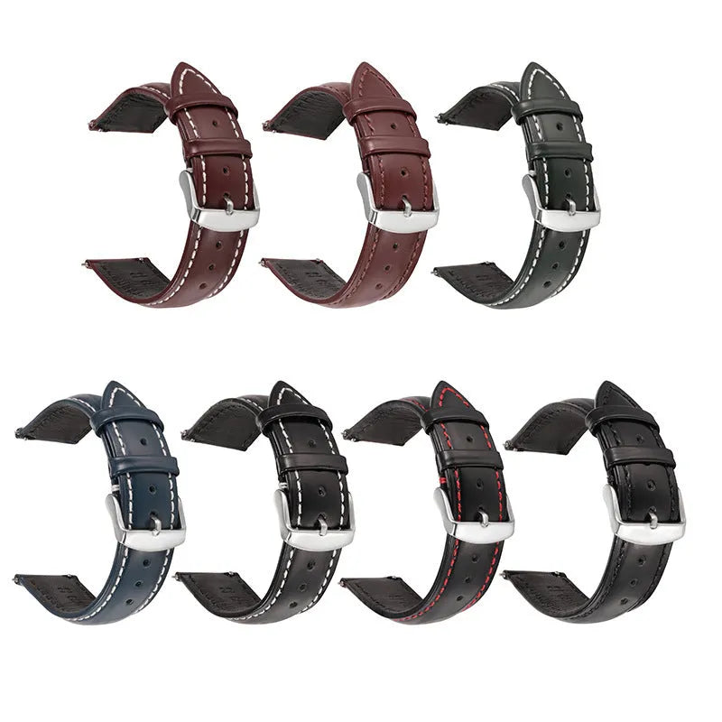 Quick release watch strap made from bright cowhide leather showing colour and width options