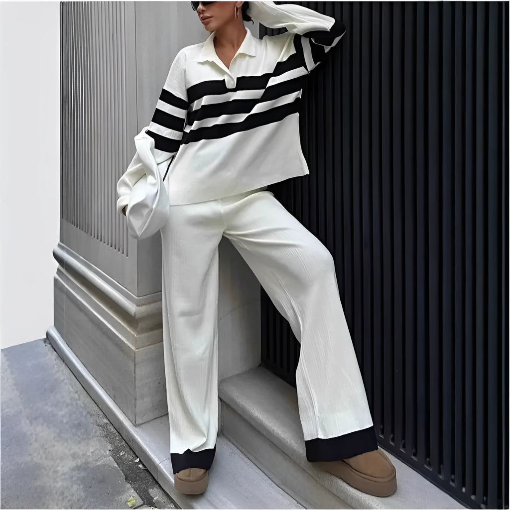 Women's black and white striped polo collar knitted top with matching long trousers casual two-piece set