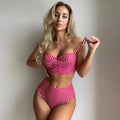 Women's rose red plaid high-waist bikini swimsuit with split briefs on a mannequin.