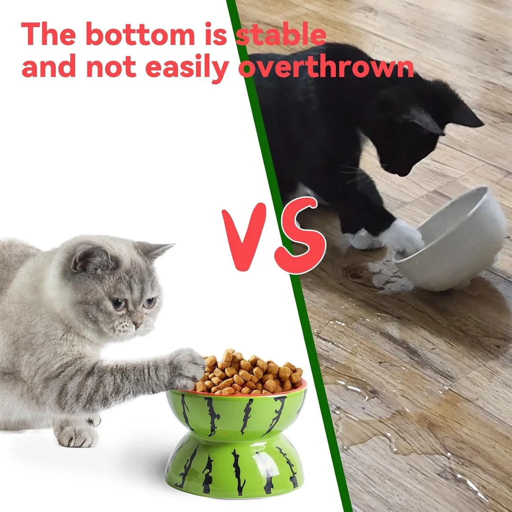 Ceramic raised cat bowl with elevated platform and tilted wide dish design