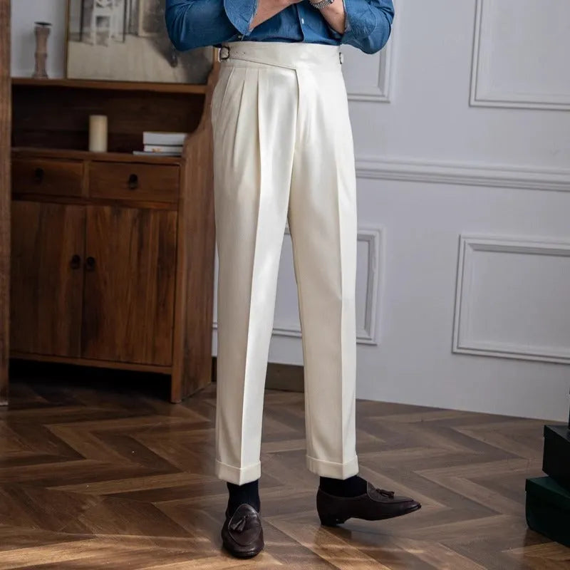 Men's high waist straight leg casual trousers in polyester available in multiple colours and sizes