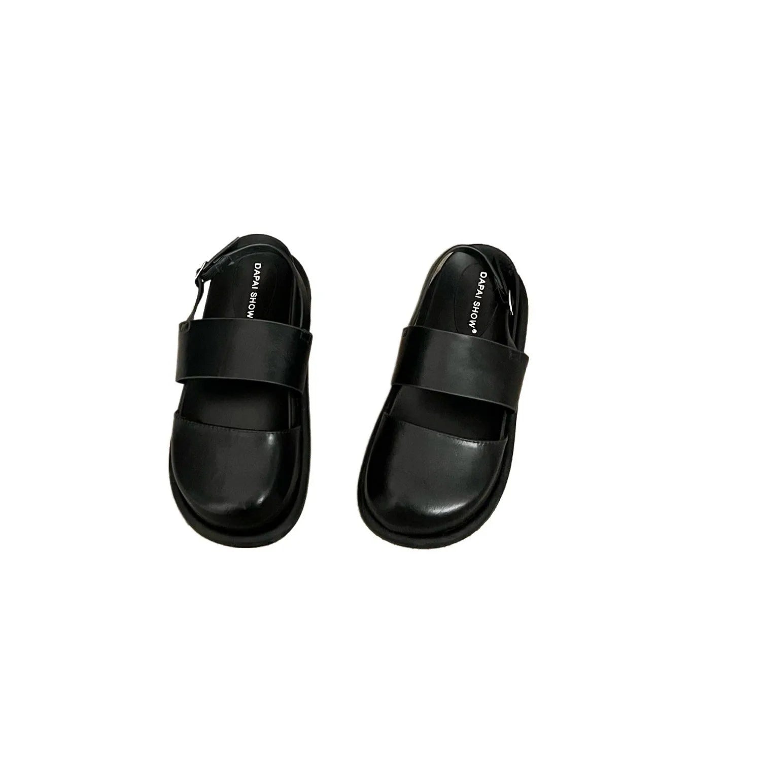 Retro raised bottom sandals with closed toe and ankle strap buckle in apricot colour