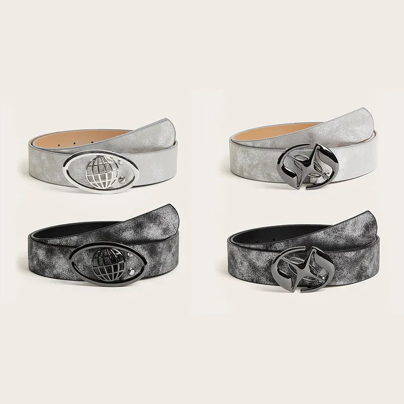 Retro women's thick belt with oval alloy buckle in Earth style grey white colour