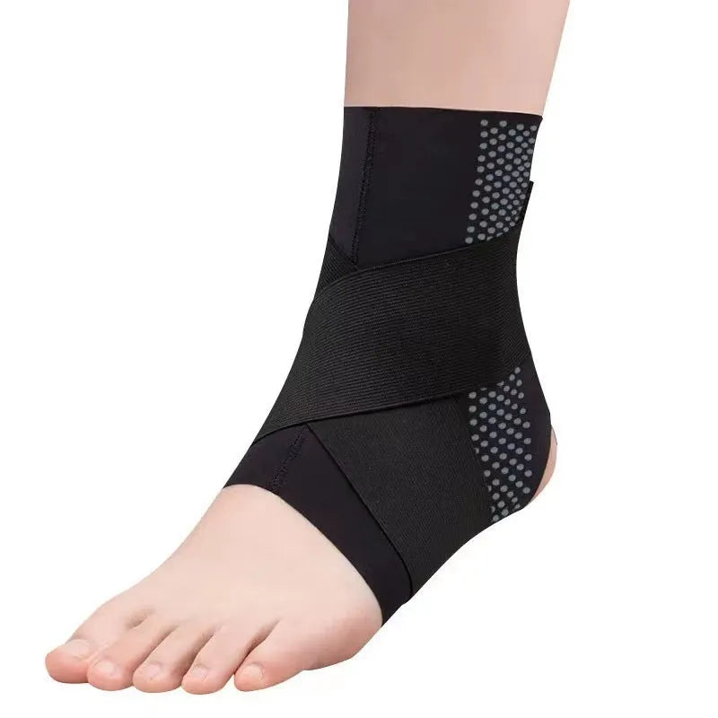 Black Lycra ankle support brace wrapped around an adult ankle.