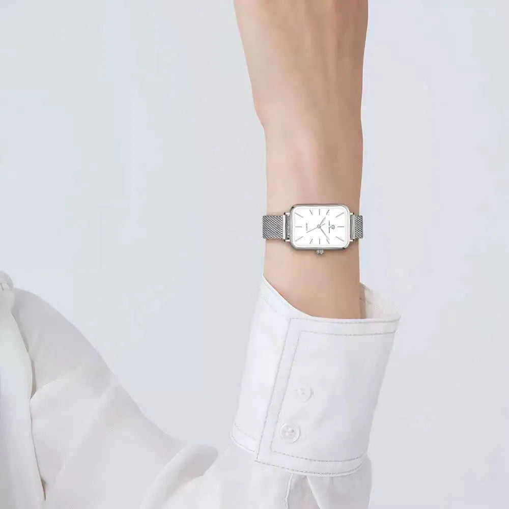 Women's quartz watch with woven steel belt, 34mm alloy case, rose gold or silver finish, 30m waterproof