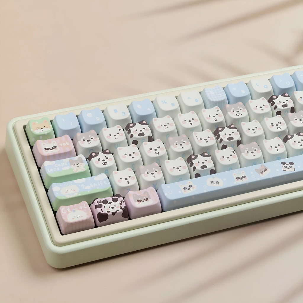 Full set of colourful PBT key caps for mechanical keyboards with printed cat and puppy designs.
