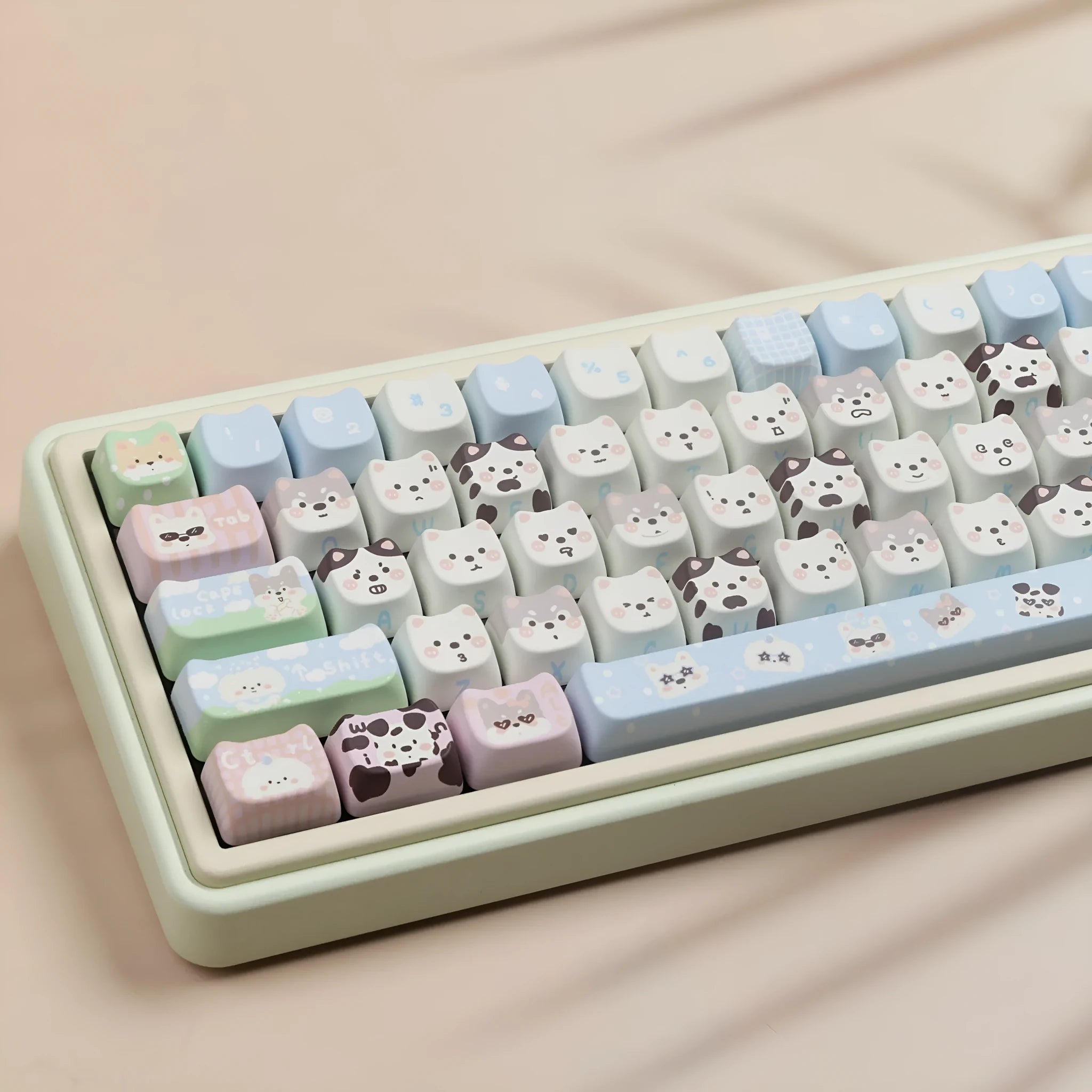 Full set of colourful PBT key caps for mechanical keyboards with printed cat and puppy designs.