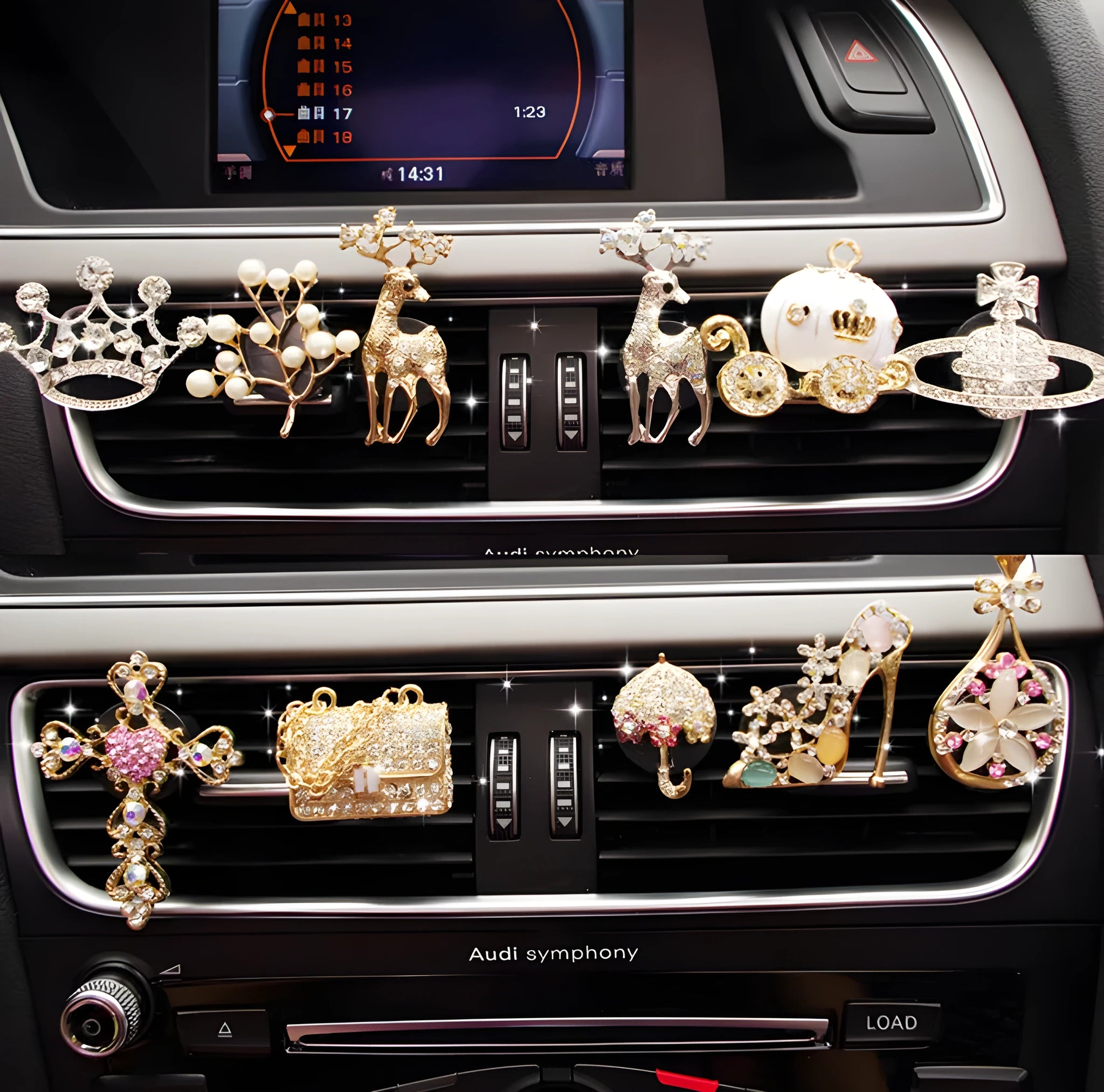 Alloy cartoon car air vent fragrance clip in one of twelve decorative styles.