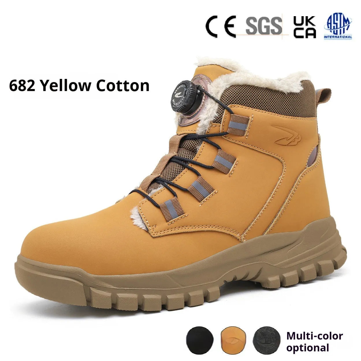 Lightweight labour protection safety shoes with leather upper and rubber sole in black, yellow and grey colours