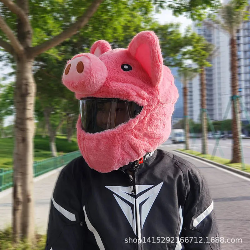 Pink cartoon plush helmet cover for motorcycle helmets made from pv velvet cloth.