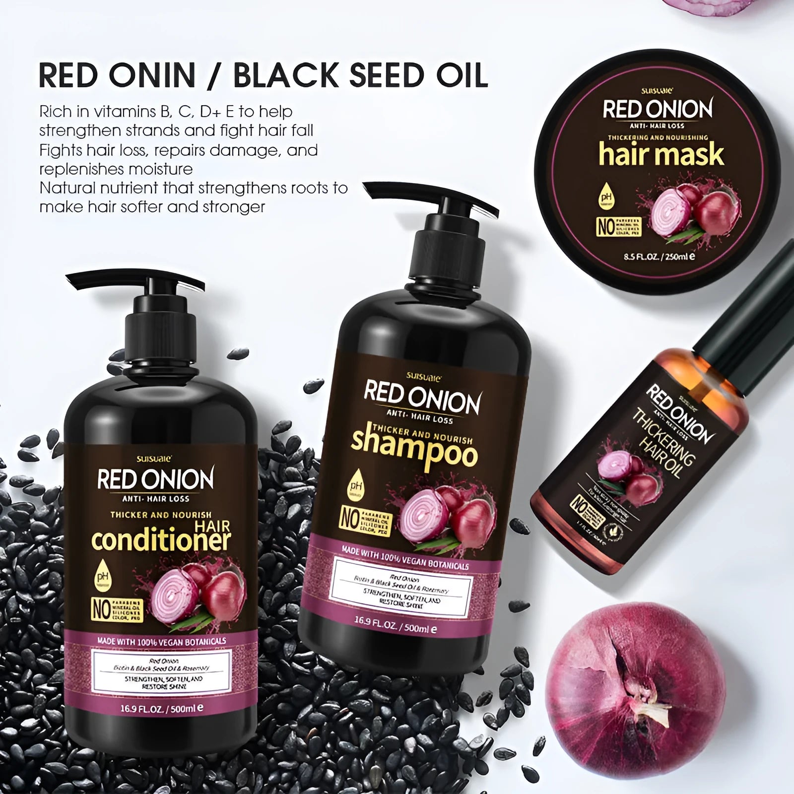 Red onion shampoo conditioner set with four bottles: 500ml shampoo, 500ml conditioner, 250ml hair mask and 50ml essential oil