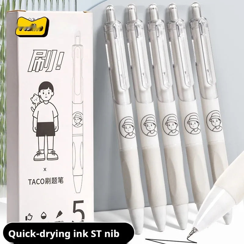 Five white plastic ballpoint pens with 0.5mm black ink nibs arranged together