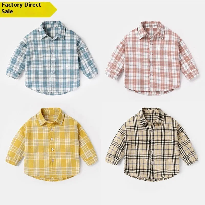 Boys' casual cotton lattice shirt with long sleeves in khaki, light blue, pink or yellow colours