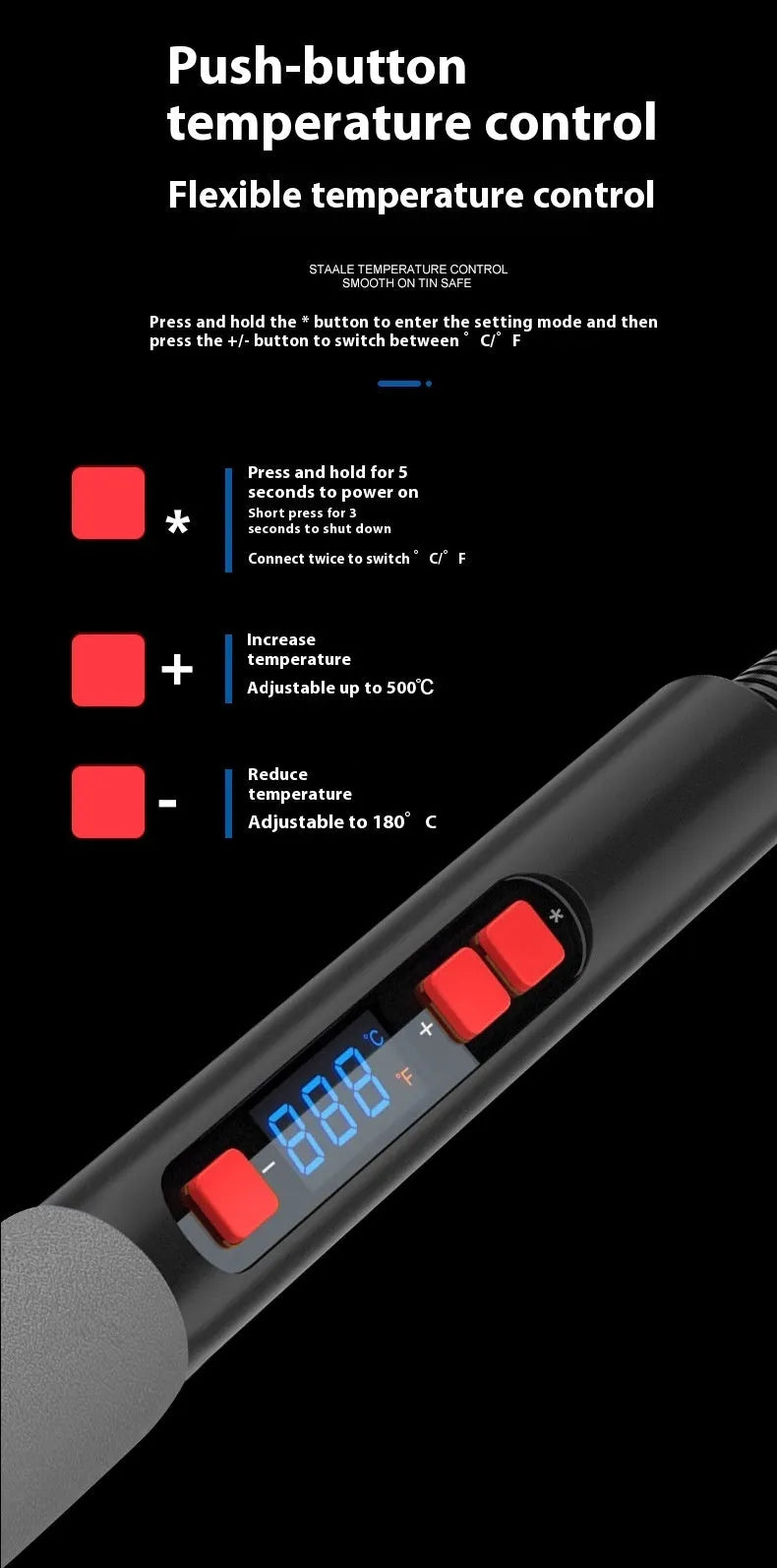 Grey 90W electric soldering iron with digital display, UK plug, and five soldering tips on a pen holder.