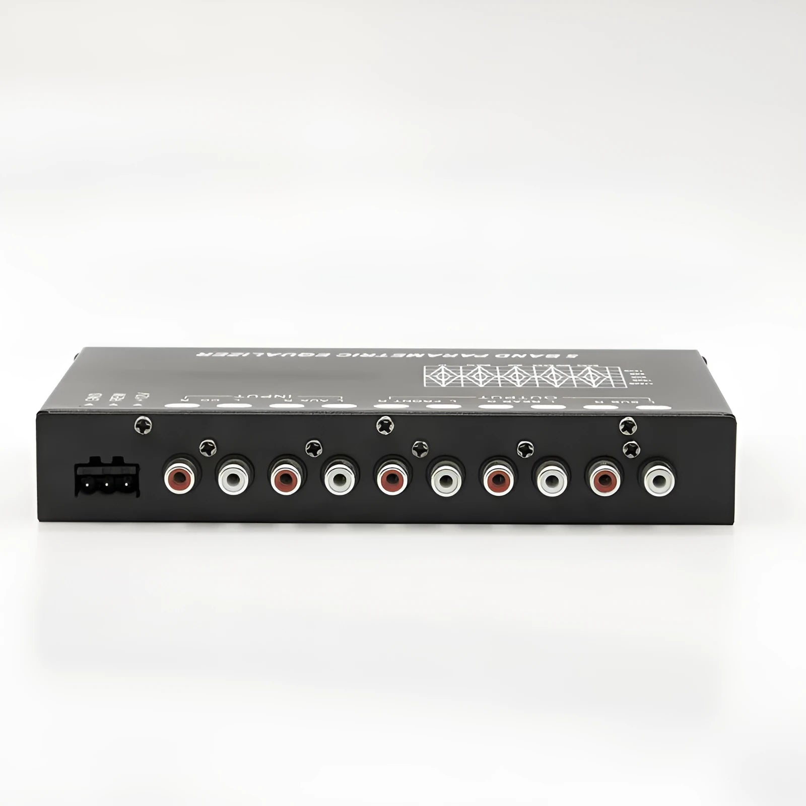 Black car audio EQ amplifier unit with control knobs, showing rear RCA input and output connections.