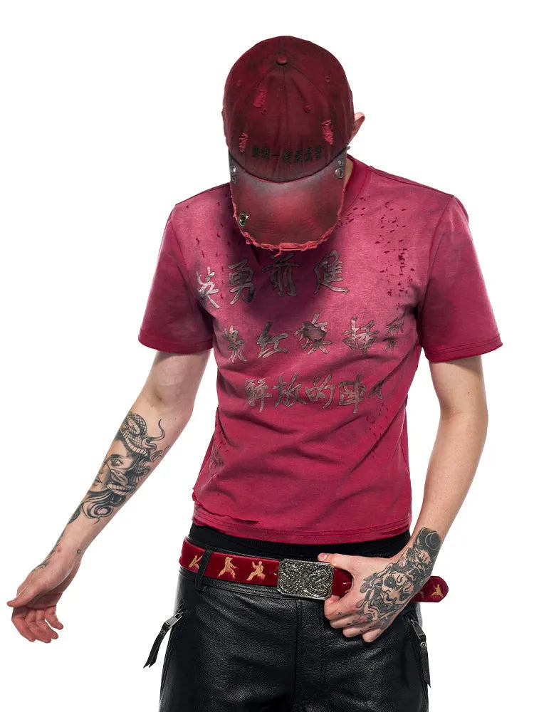 Men's red slim fit t-shirt with distressed details and dirty washed spray effect on short sleeves