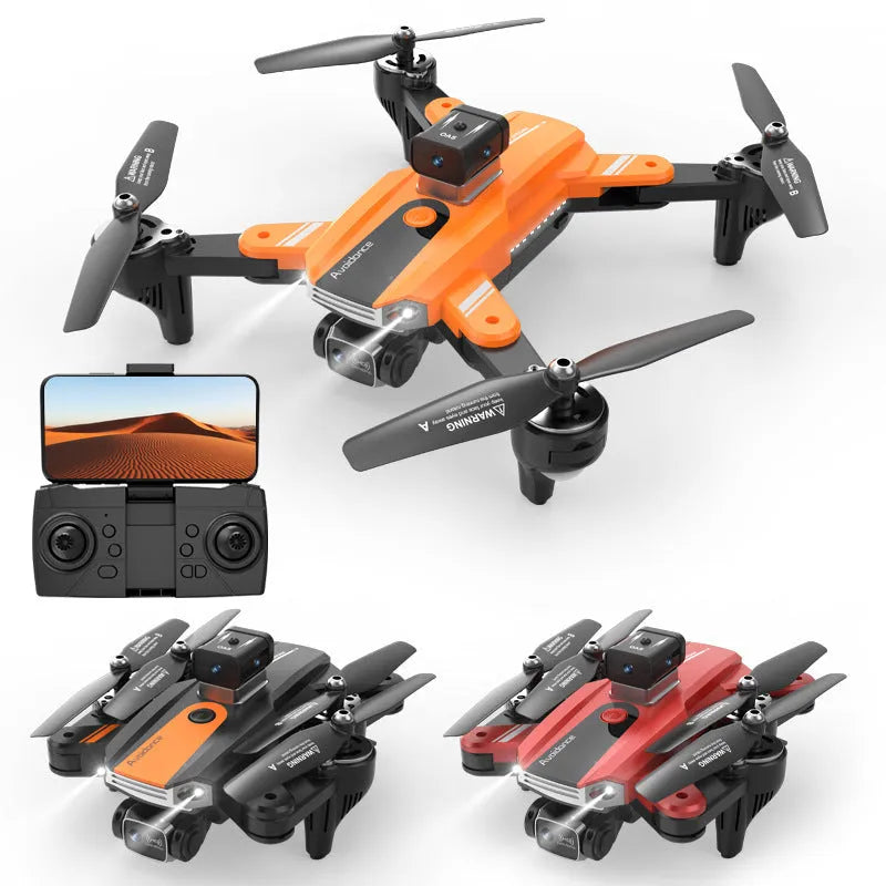 Orange quadcopter drone with dual cameras and obstacle avoidance sensors, compact size under 30cm