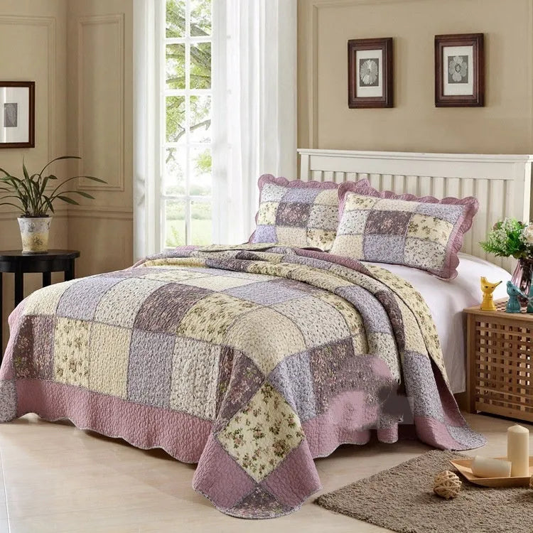 Pure cotton quilted bedspread and pillowcase set in a Korean style on a bed.