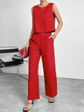 Women's red sleeveless top and wide-leg trousers two-piece polyester co-ord set on hanger