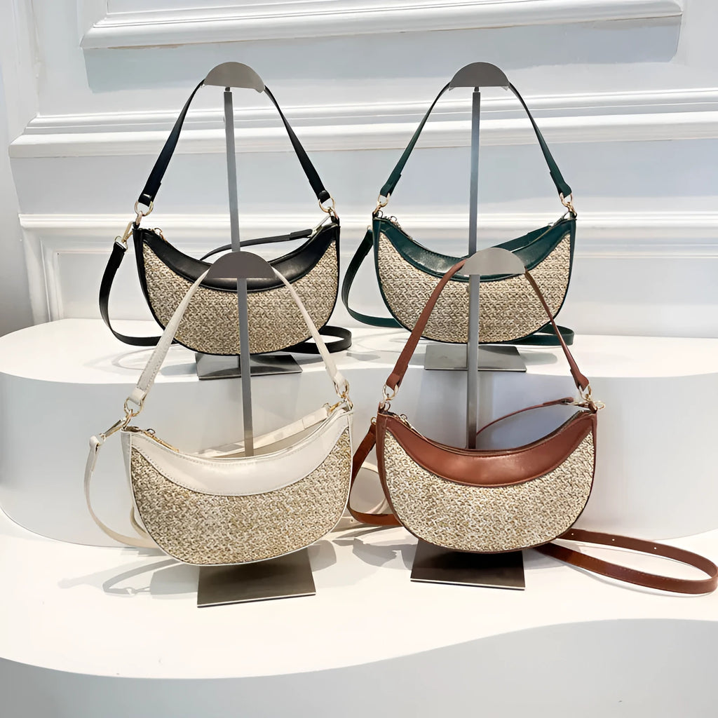 Straw dumpling-shaped crossbody bag with hard shell construction and contrast stitching details