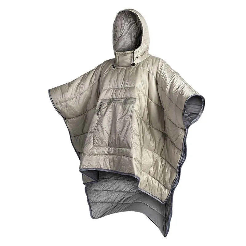 Outdoor cloak sleeping bag wearable as cape shawl with 200x140cm dimensions and hollow cotton filling