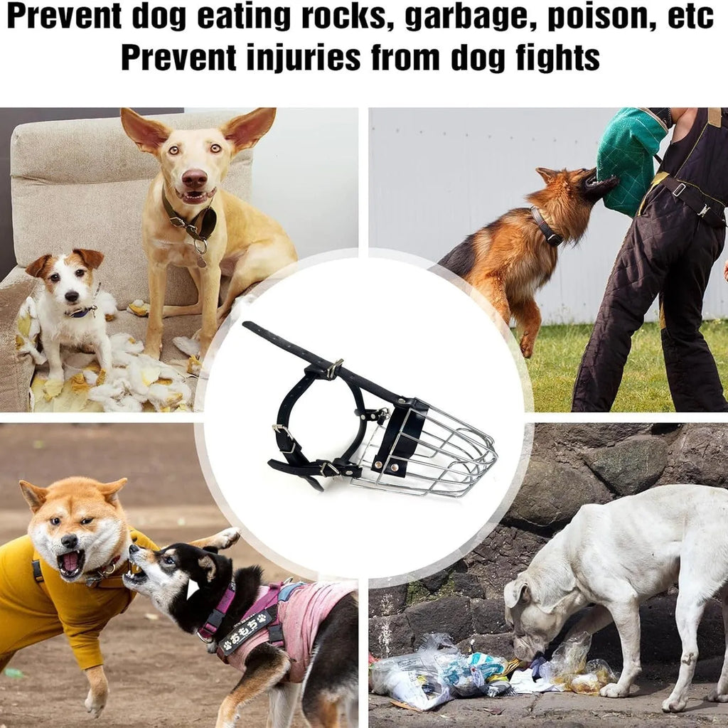 Black metal dog muzzle designed for Golden Retrievers and German Shepherds with buckle strap.