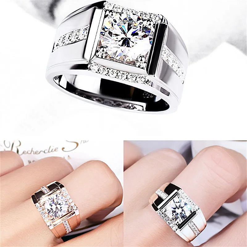 Men's adjustable copper ring with imitation moissanite stones in geometric pattern