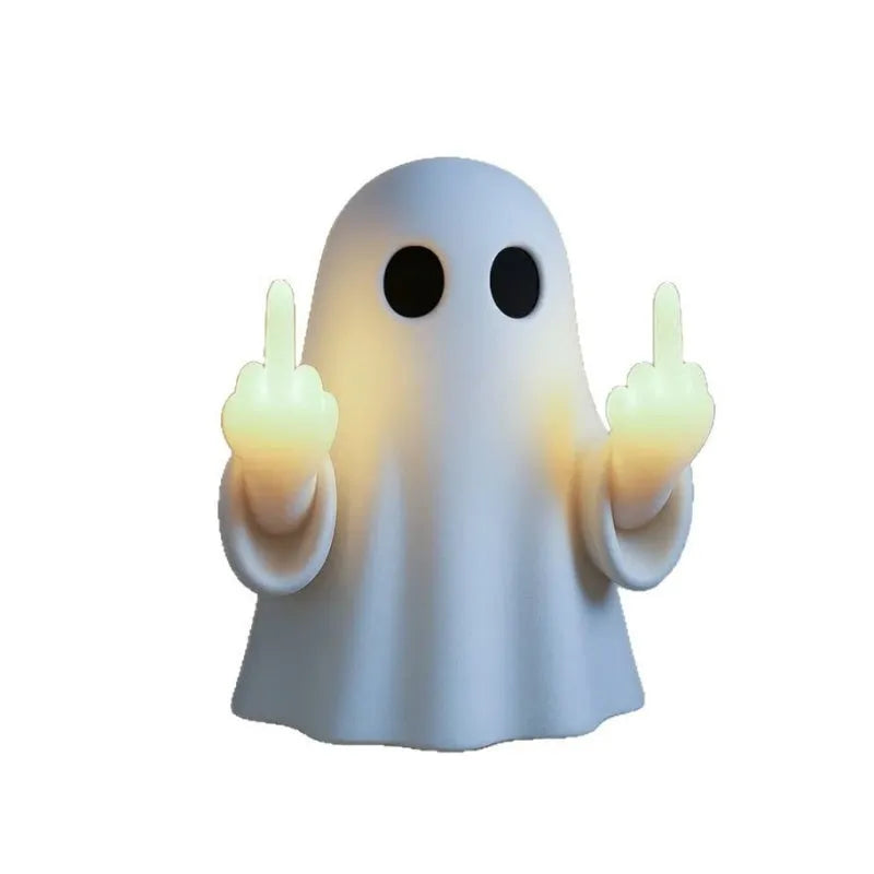 White cute ghost statue night lamp with LED light on, modern Halloween decoration