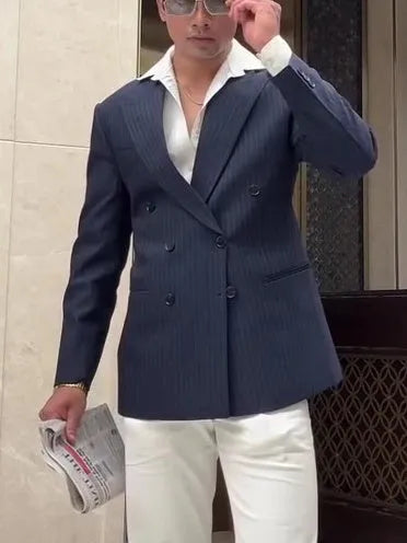 Men's classic striped double breasted blazer in regular fit on a hanger.