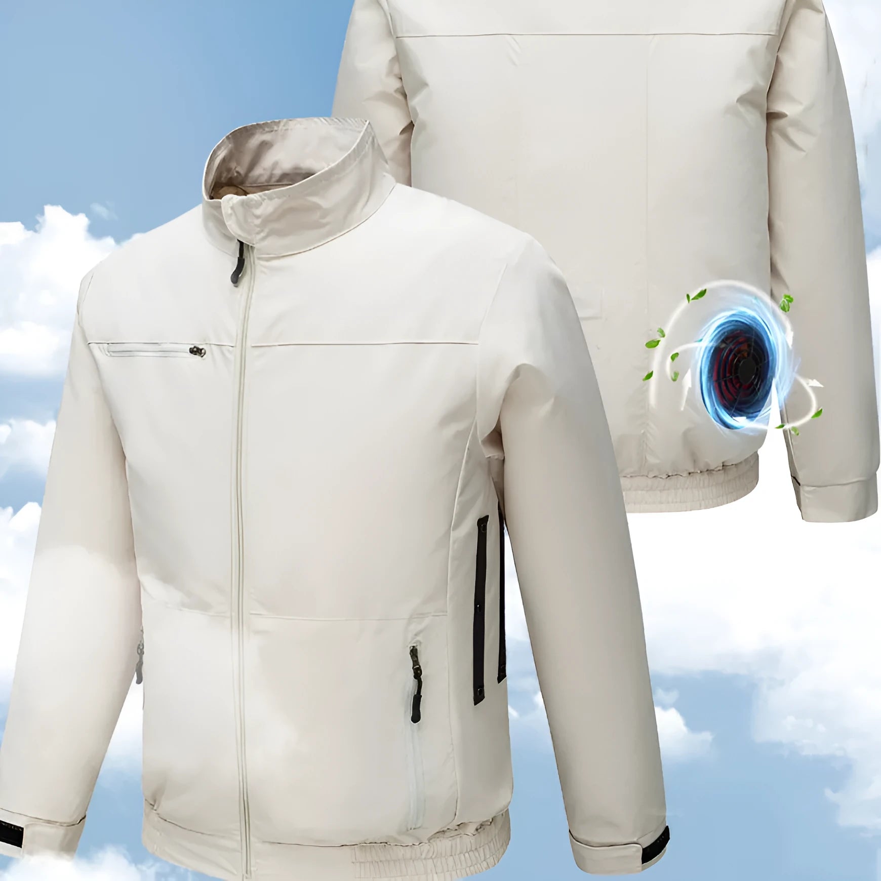 Men's black outdoor cooling jacket with ventilation holes for fan system in hot weather work conditions