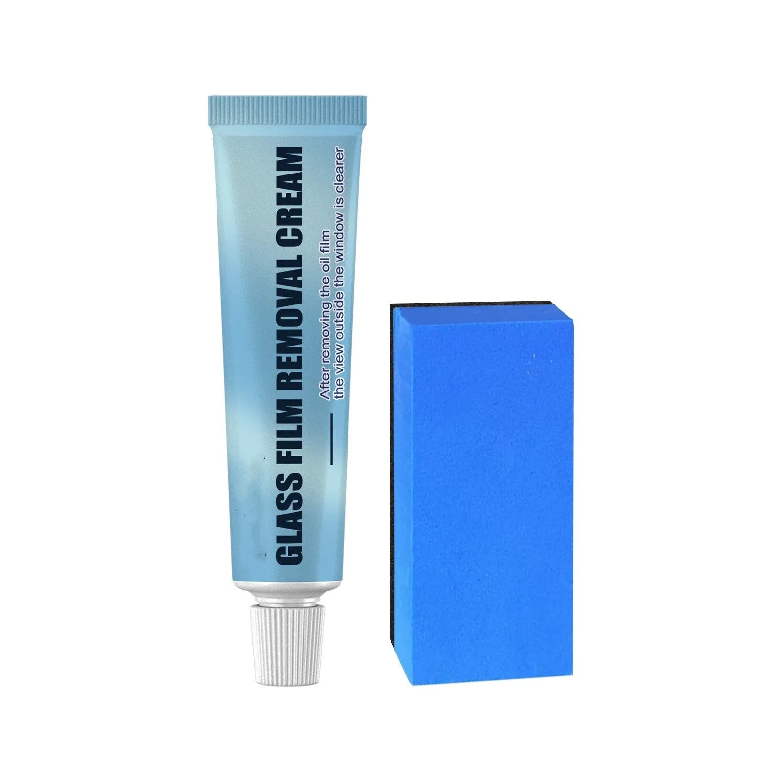 Blue car window oil film remover with a soft sponge brush for decontaminating windshields.