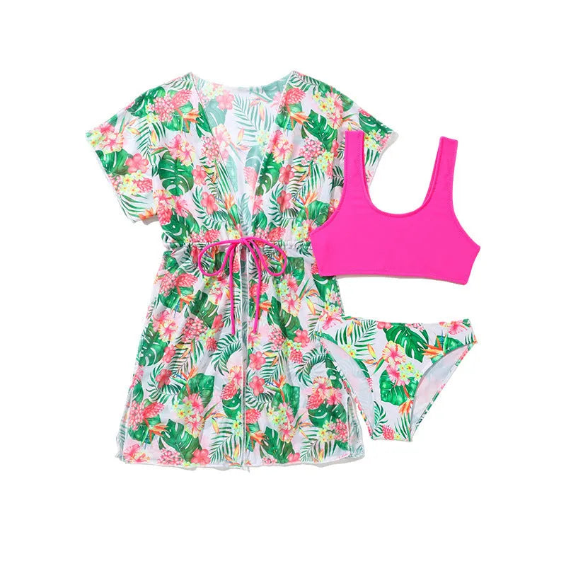 Girls' two-piece swimsuit with Korean floral pattern in high elasticity polyester fabric