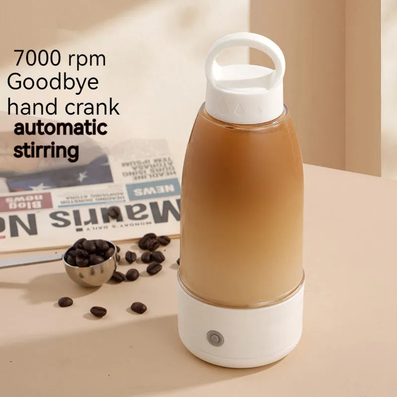 Automatic electric shaker bottle in green, pink, or white with handle and USB charging port.
