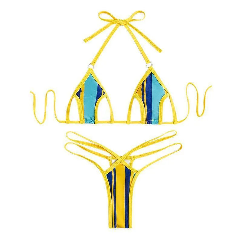 Yellow women's split swimsuit with neck-hanging style, hollow cut and high-waist bikini bottoms