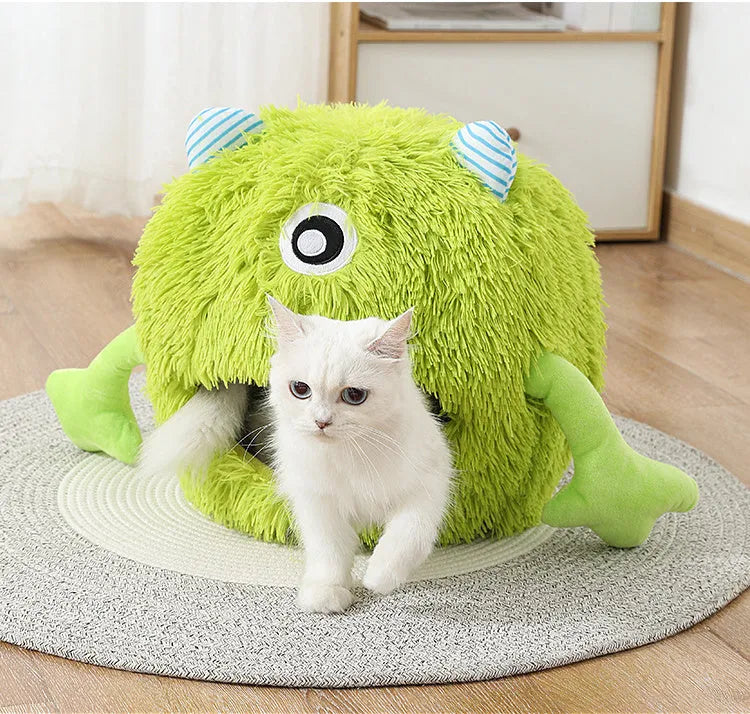 Round fluffy plush cat bed with non-slip bottom in three size options